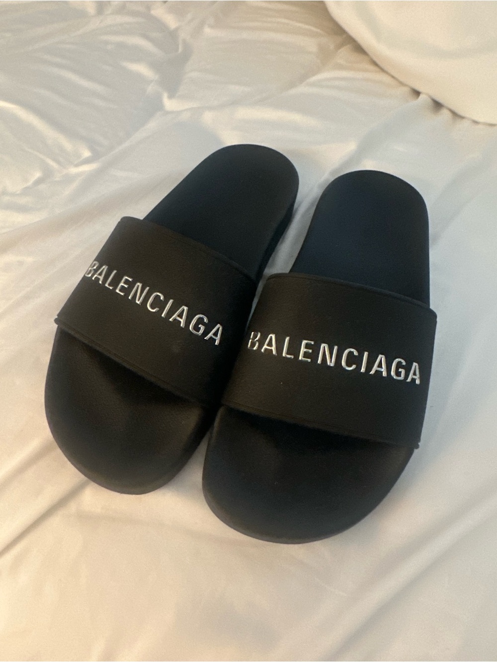 Balenciaga Black Slides with White Logo